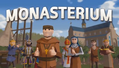 The Monasterium logo over the key art: a monk giving two thumbs up in front of the cast and the monastery