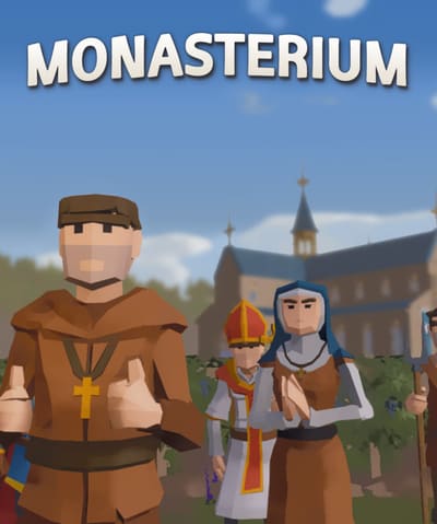 Vertical key art with the Monasterium logo: the monk, a bishop and a nun