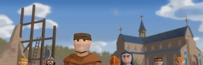 Monasterium key art: a monk in front, with a nun, a bishop, villagers and a guard, scaffolding on the left and a church on the right