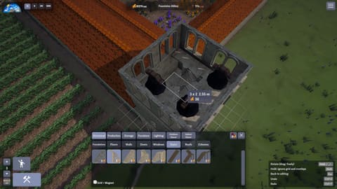 Placing stairs inside a bell tower with three bells, next to a red tiled roof and a vineyard, with the stairs menu open