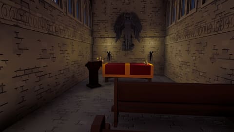 Inside the chapel: a red altar and a lectern lit by candles below a dark stone angel, with a wooden pew in front