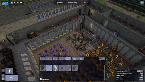 Build mode over a cloister garden of sunflowers and purple flowers, with the lighting menu open and monks walking the arcades around it