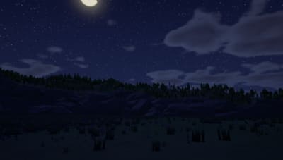 A full moon and a starry sky over a dark meadow and wooded hills