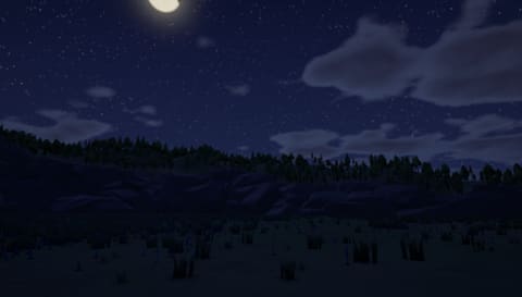 A full moon and a starry sky over a dark meadow and wooded hills