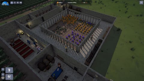 A monastery seen from above: a cloister garden of sunflowers and purple flowers in the middle, a chapel with red pews on the left and a cellar of wine barrels below