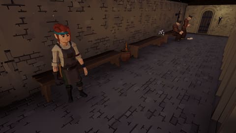 A red-haired villager in an apron stands by a bench in a stone corridor, with two monks further down, one seated and one standing with head bowed